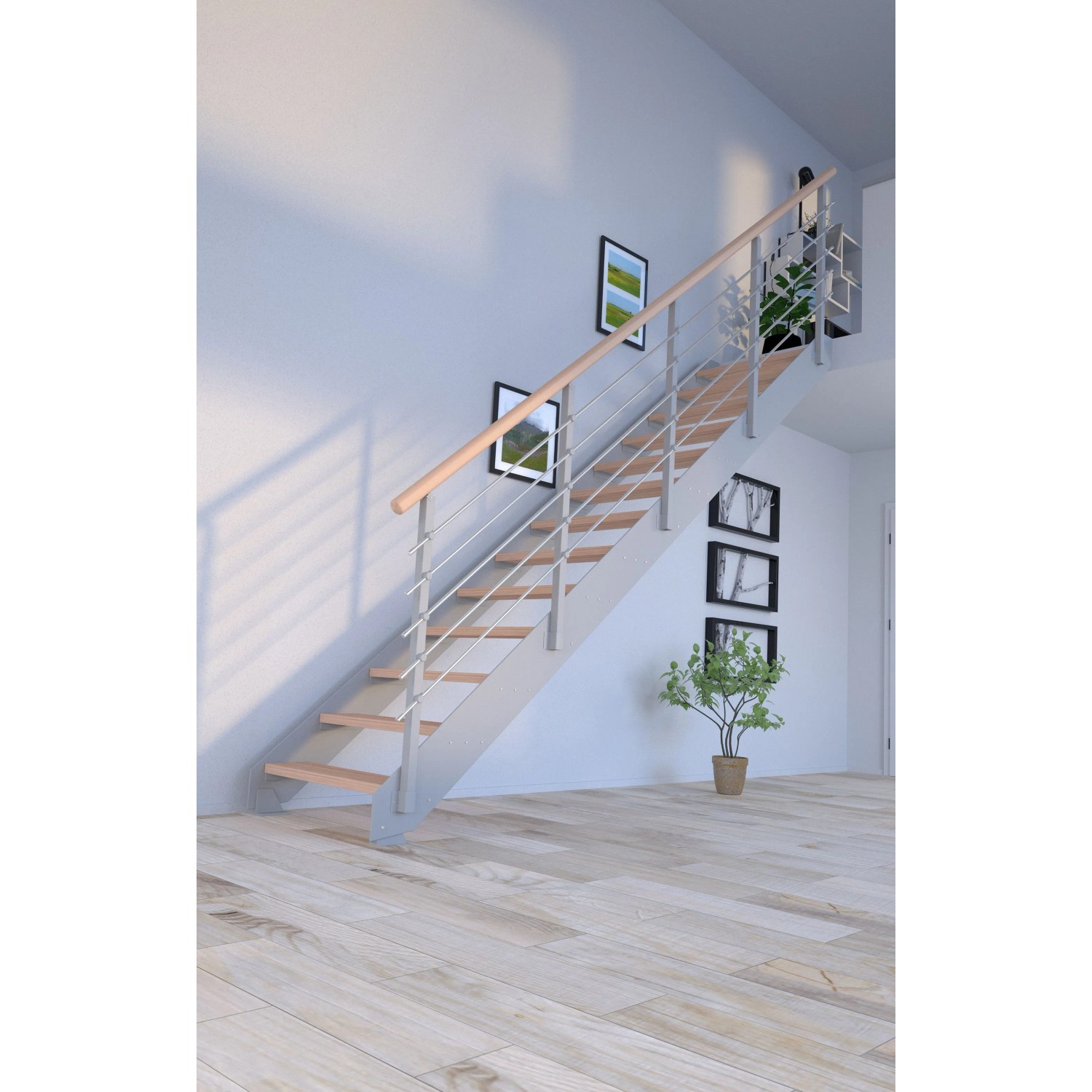 Moderne Treppe Kos mit 11 Buchenholzstufen und grauem Metallgeländer im Wohnraum.