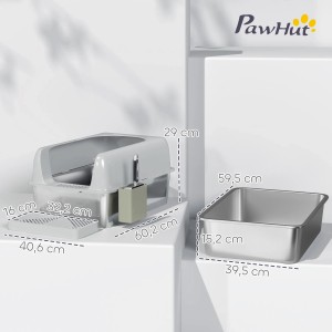PawHut Katzentoilette, hellgrau, mit Edelstahleinsatz und Schaufel. Maße sind auf dem Bild dargestellt.