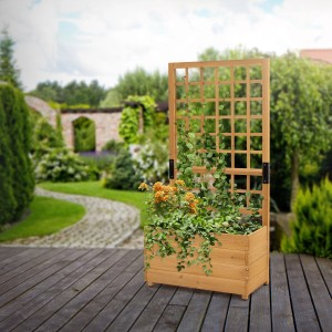 ML-Design Pflanzkasten mit Rankgitter aus Fichtenholz, bepflanzt mit Blumen und Ranken.