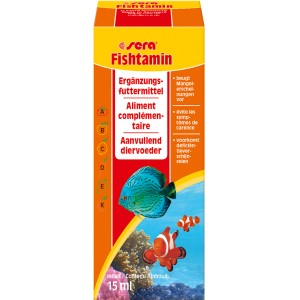 Sera Fishtamin Aquarium-Heilmittel, 15ml Flasche mit Fischen im Hintergrund.