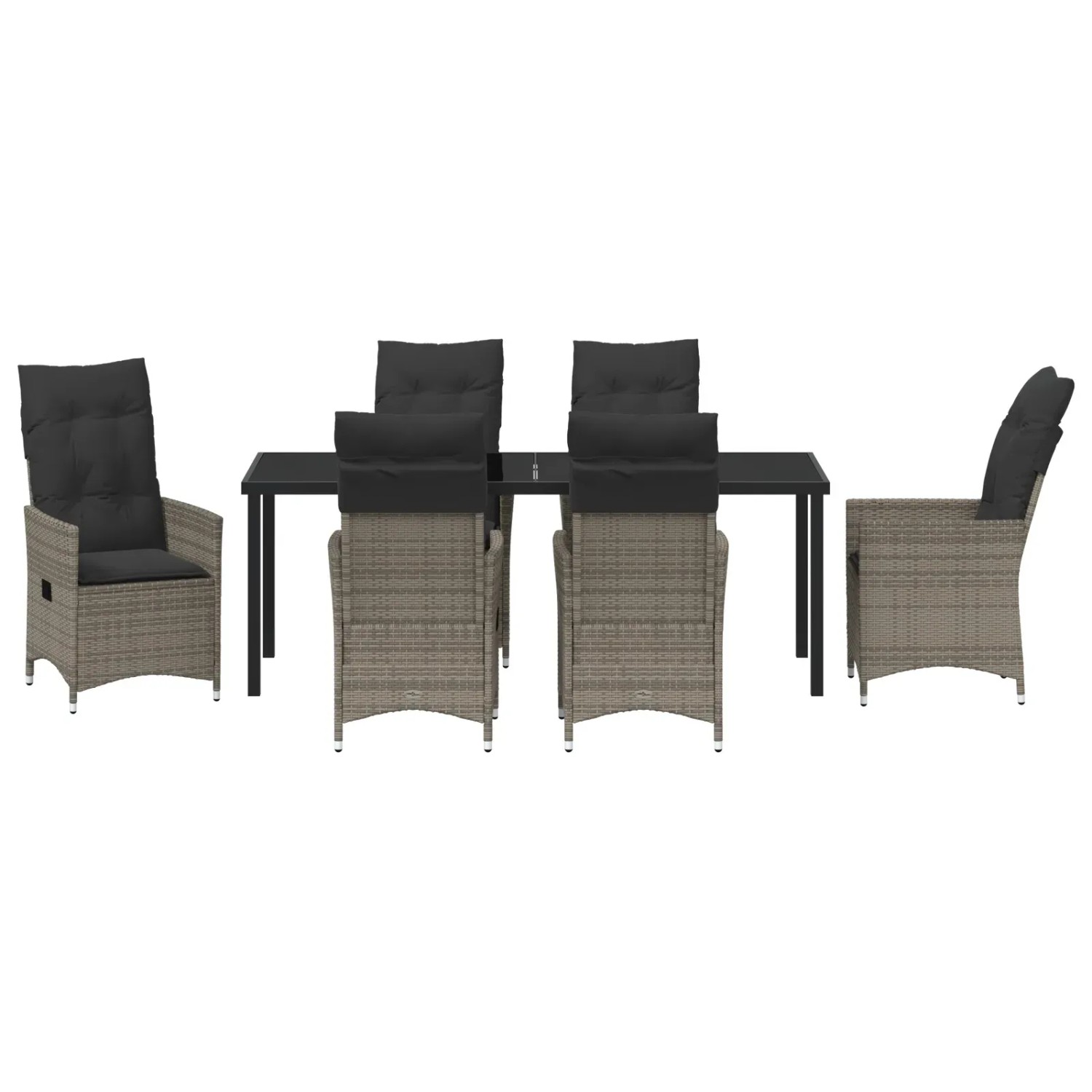 Graue 7-teilige Garten Essgruppe aus Polyrattan mit Tisch und verstellbaren Stühlen mit Kissen.