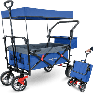 Faltbarer Bollerwagen von deluxe4home in Blau-Grau mit Dach für Camping & Freizeit.