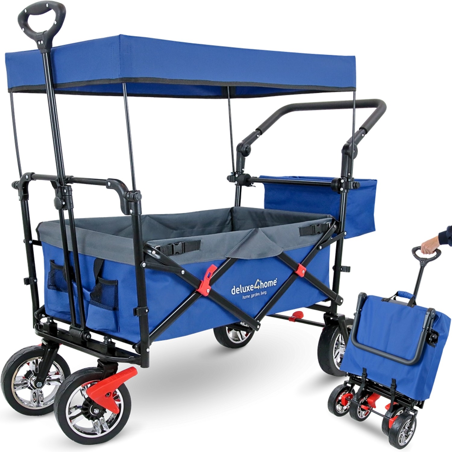 deluxe4home Bollerwagen Transportwagen Faltbar mit Dach Blau Grau