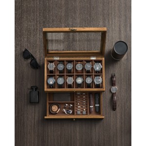 Songmics Uhrenbox aus Paulownia-Holz in Walnuss mit 12 Uhren und Schmuck auf dunklem Holzgrund.