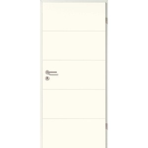Weiße GetaDoor Zimmertür Catro Line mit Rillenprägung und Türdrücker, DIN rechts.