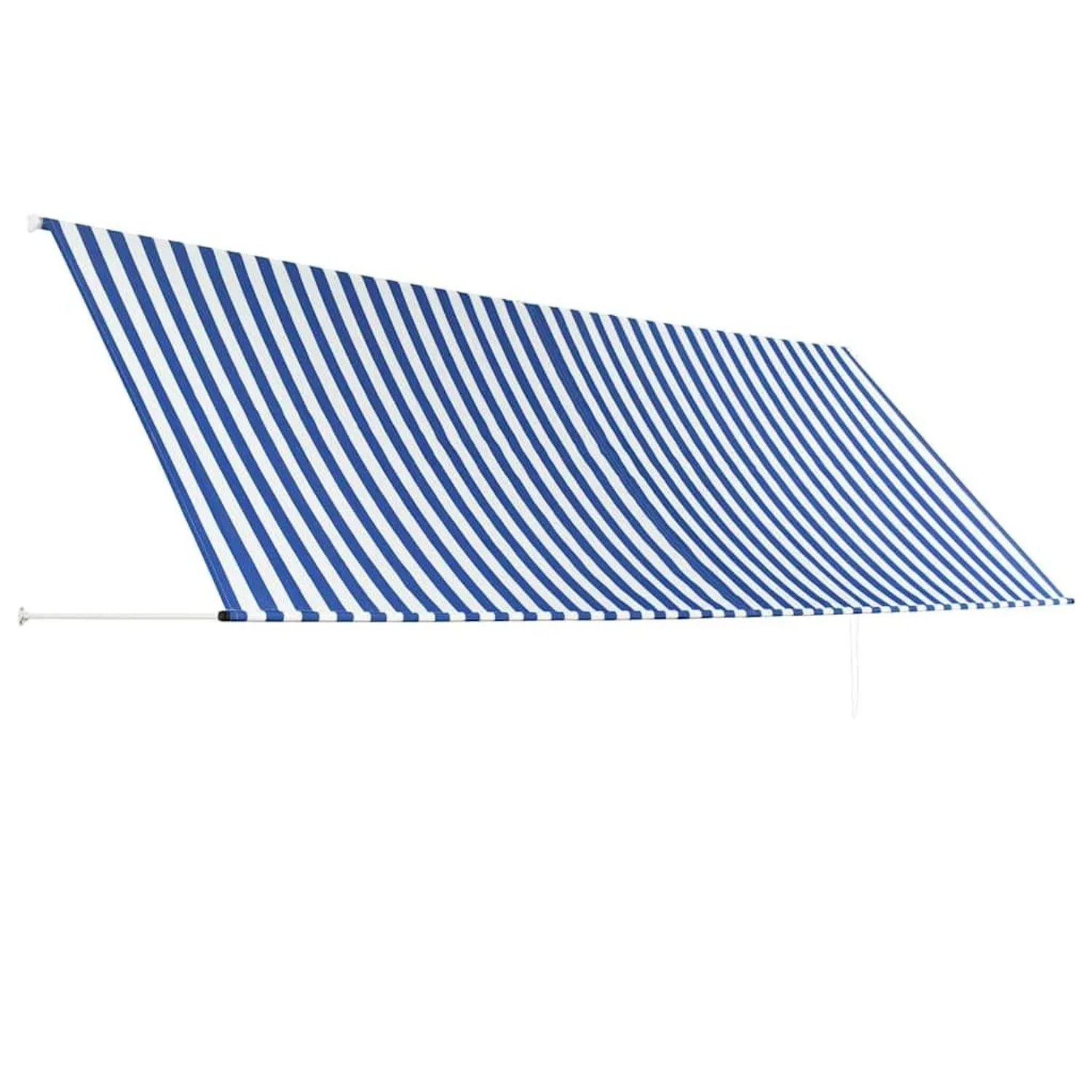 Einziehbare Markise, 400x150 cm, blau-weiß gestreift, für Terrasse und Balkon.