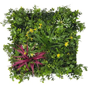Dekor-Paneel Flora mit üppigen grünen Kunstpflanzen, gelben Blüten und markanten roten Blättern für Wandgestaltung.