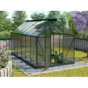 Dunkelgrünes Gewächshaus Triton 7500 mit Fundament, 4 mm Hohlkammerplatten und geöffneter Tür.