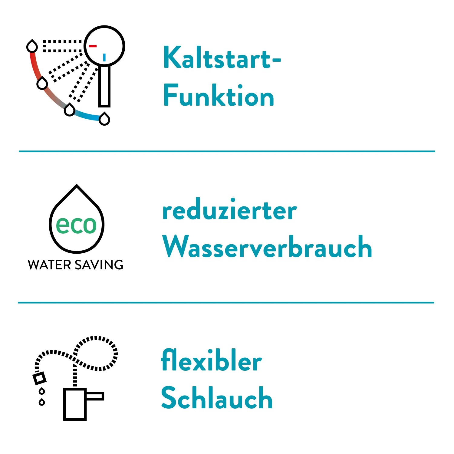 Icons der baliv Waschtischarmatur WT-690: Kaltstart, Wasser sparen, flexibler Schlauch.