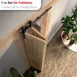 SOTECH LOUNGE Falt-Schiebetürbeschlag aus schwarzem Stahl mit 1m Schiene an heller Falttür, seitlich montiert.