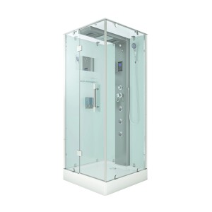 AquaVapore Dampfdusche D38-10L2-EC, 90x90 cm, mit Glasfront und weißer Rückwand.