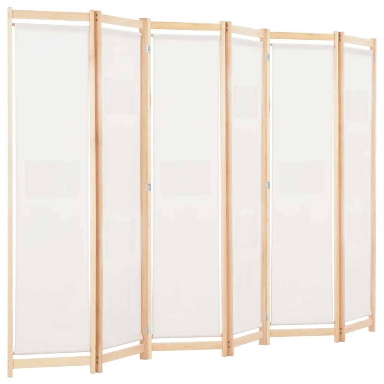 6-teiliger, cremeweißer Raumteiler (240x170x4 cm) aus Stoff und Holz für flexible Raumgestaltung.
