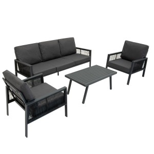 4-teilige Jardi Sofagarnitur aus Aluminium in Anthrazitgrau mit Sofa, 2 Sesseln und Tisch.