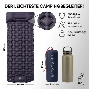 Evocamp Ultraleicht Isomatte mit Kissen, 195x60 cm, dunkelgrau, integrierte Pumpe, kleines Packmaß, 700g für Camping.