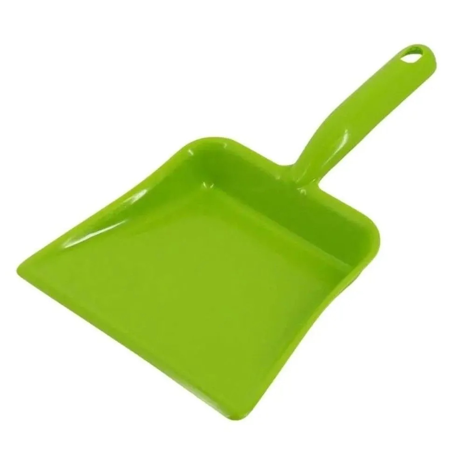 Grünes Kunststoff-Kehrblech für Kinder. Robustes Kehrblech mit Griff, ideal für kleine Hände im Garten.