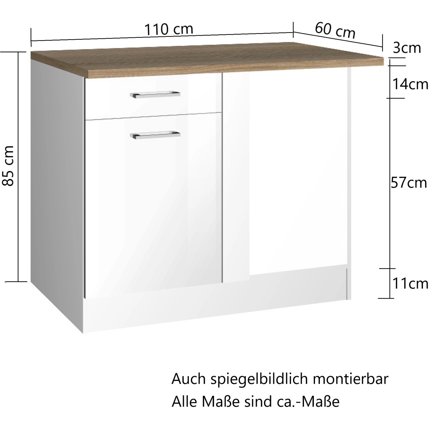 Held Möbel Küchen-Eckschrank Mailand, 110 cm, Hochglanz Weiß/Weiß mit Maßen.
