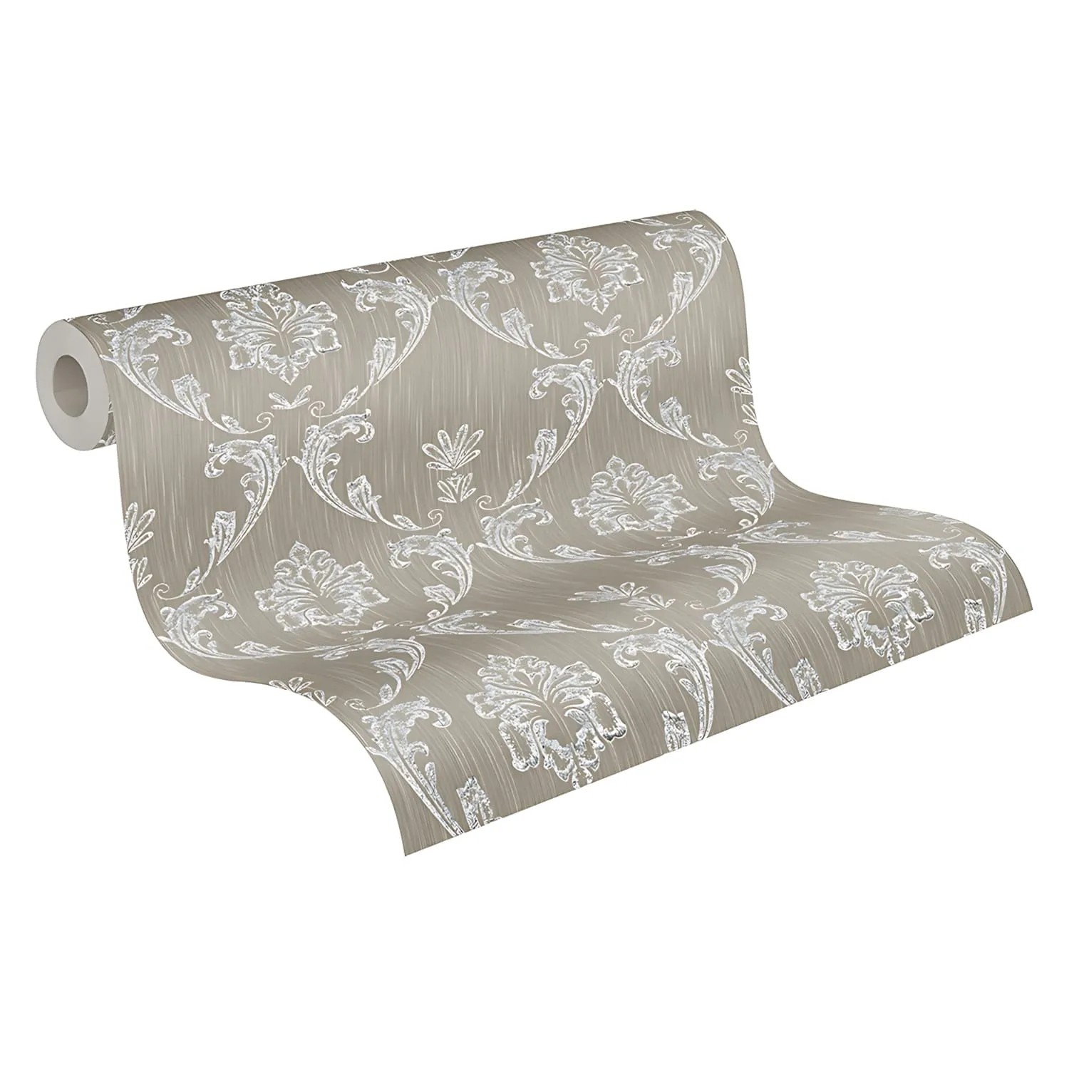 PROFHOME Barock Tapete in Silber/Braun mit Ornamenten, gerollt.
