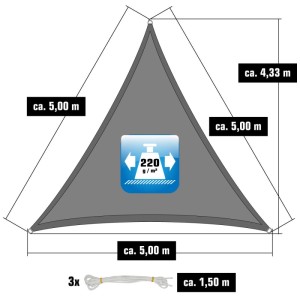 Graues AMANKA HDPE Sonnensegel, dreieckig 5x5x5m, 220 g/m², mit 3 Seilen. Ideal für Garten & Terrasse.