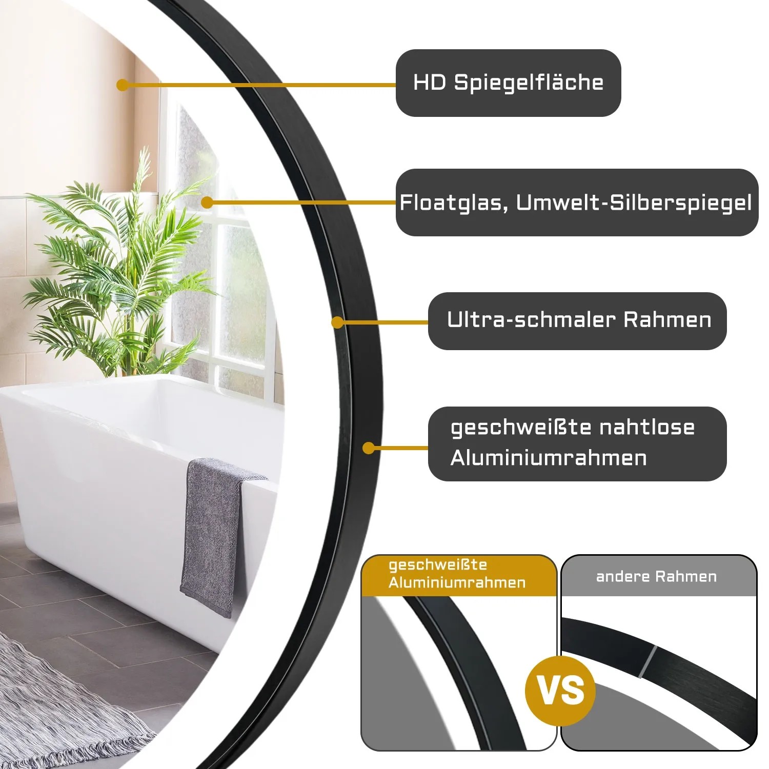 Runder Aica Sanitär Badspiegel, 60 cm, schwarz, mit Beleuchtung und drei Lichtfarben.