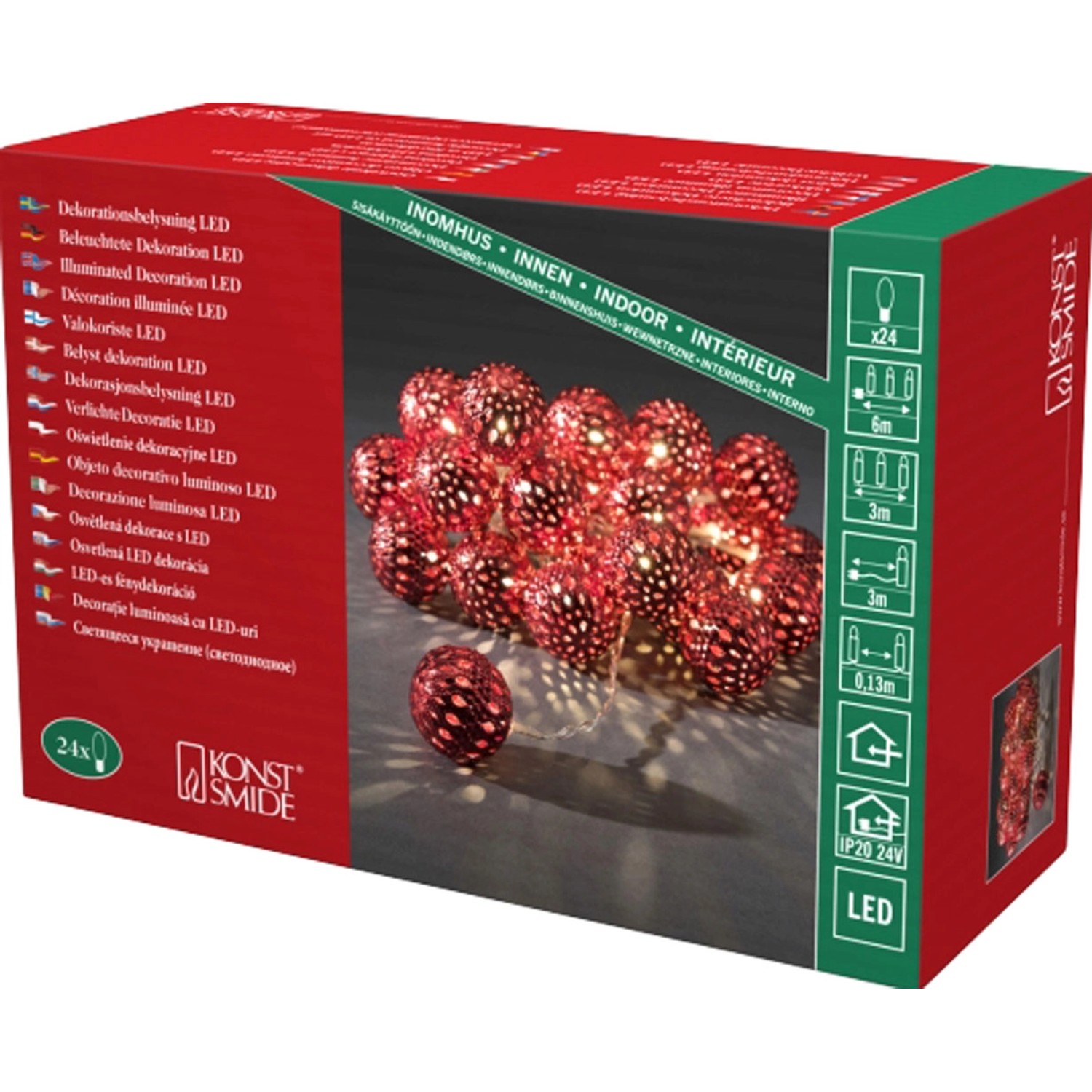Konstsmide LED Dekokette mit roten Metallbällen und warmweißem Licht für den Innenbereich.