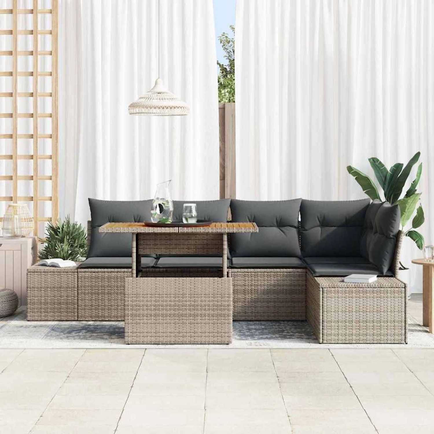 Graues 6-teiliges vidaXL Garten-Sofa-Set aus Poly Rattan mit Tisch und Stauraum.