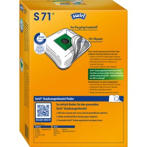 Swirl S 71 Staubsaugerbeutel EcoPor, 4 Stück, gelbe Verpackung mit Staubsaugerbeutel Illustration.