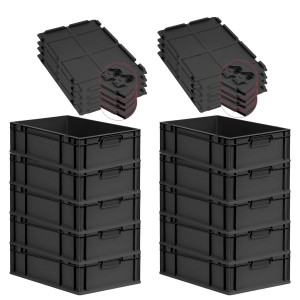 PROREGAL SuperSparSet: 10 schwarze Euroboxen mit Deckel, 34 Liter, stapelbar.