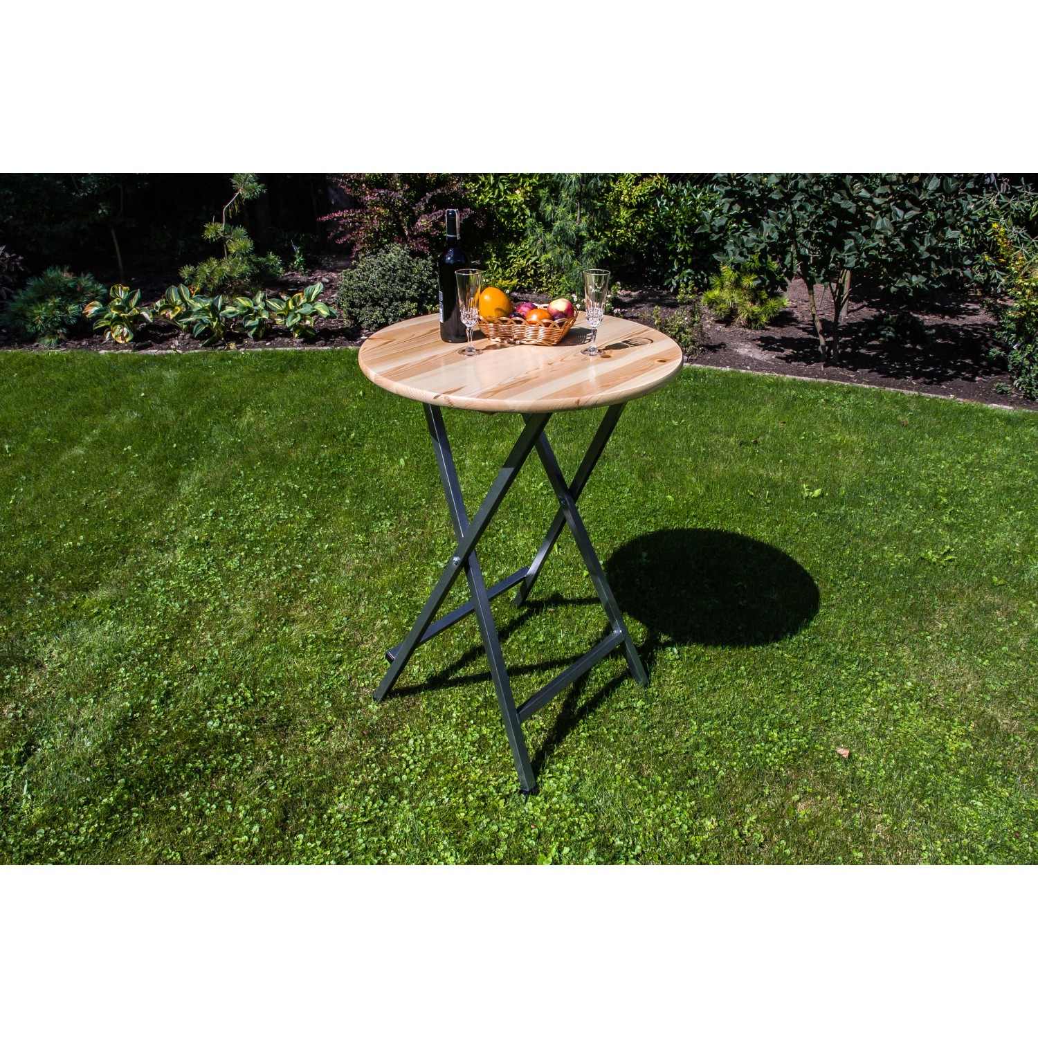 Runder Klapptisch Ø78 cm aus Metall und Holz, ideal für Garten und Balkon.