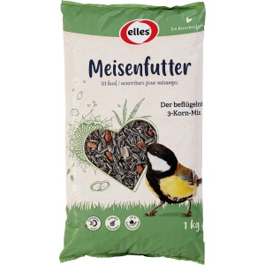 Packung Elles Wildvogel-Meisenfutter 3-Korn-Mix 1kg mit Meise und Herz aus Sonnenblumenkernen, Nüssen und Saaten.