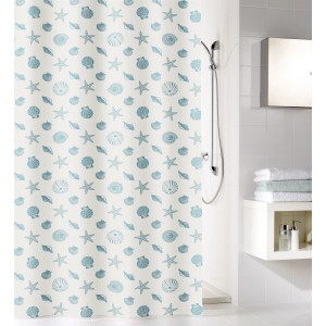 BWO Millie Duschvorhang blau mit Muschel- und Seesternmuster, 180x200 cm.
