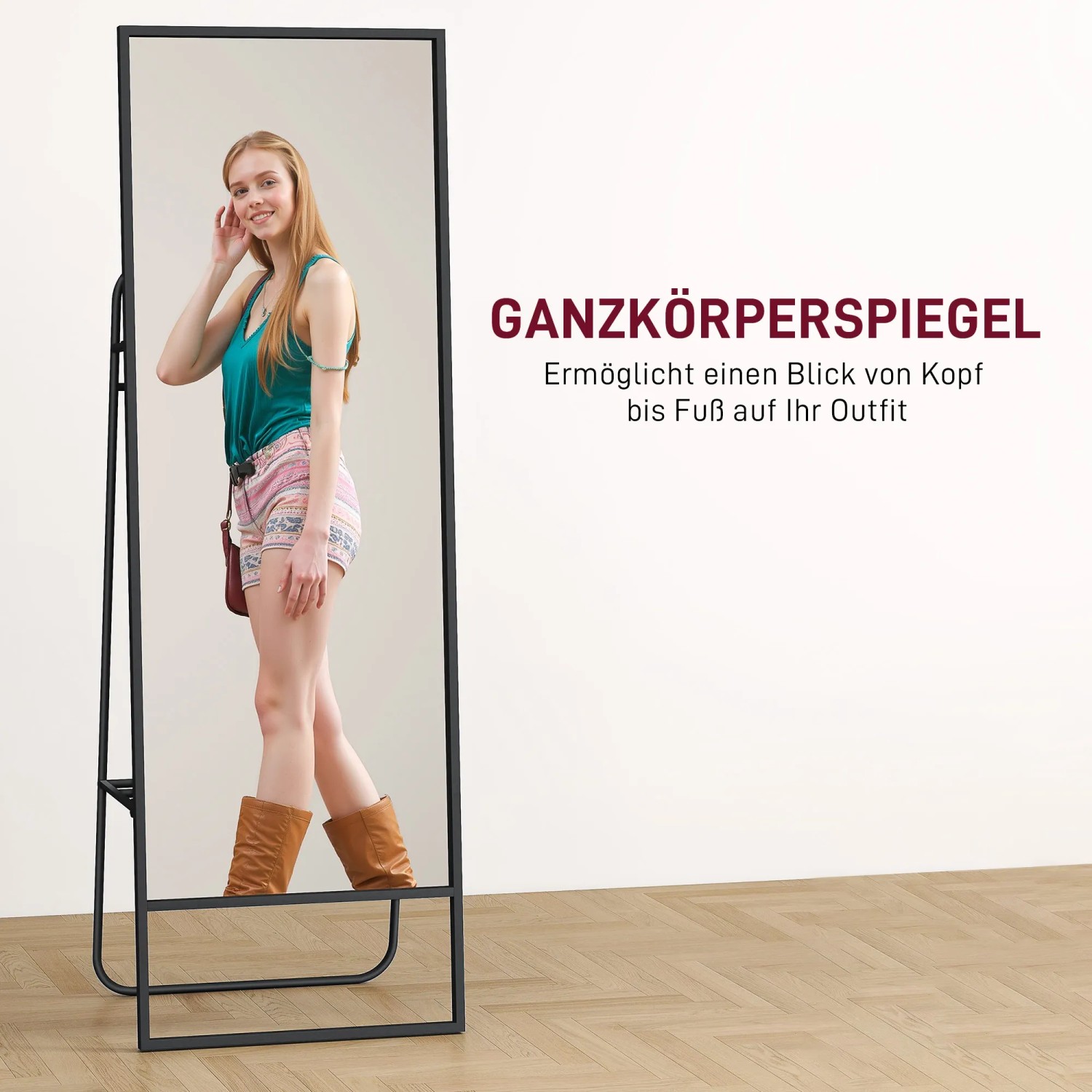 Schwarzer HOMCOM Ganzkörperspiegel aus Metall und Glas, 157 cm hoch, mit Regal und Haken.