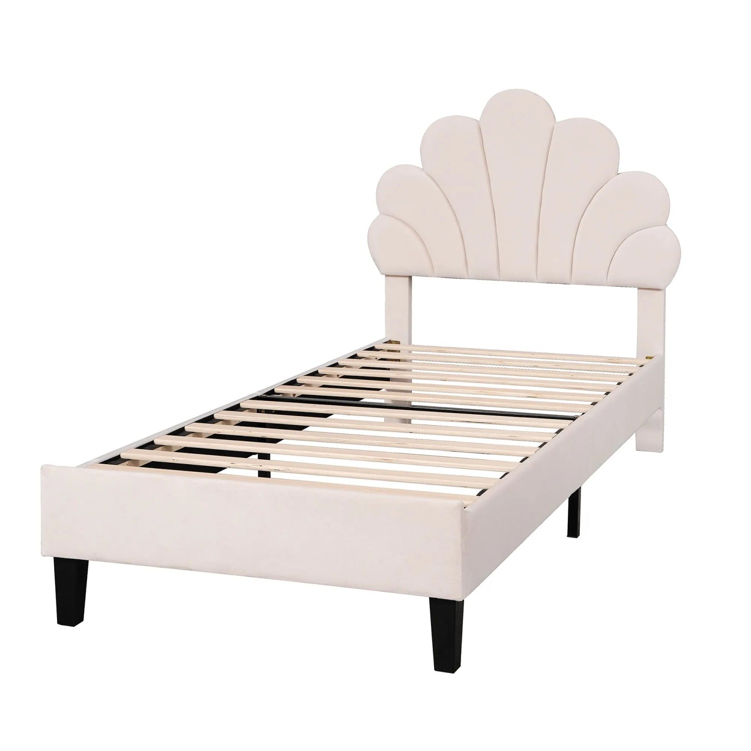 Merax Kinderbett 90x200cm Samt Blumen Kopfteil Beige