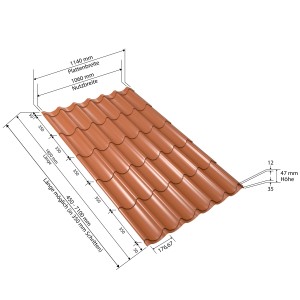Weckman Pfannenblech Typ 2, ziegelrot, mit Maßangaben. Dachblech für langlebige Dacheindeckung.