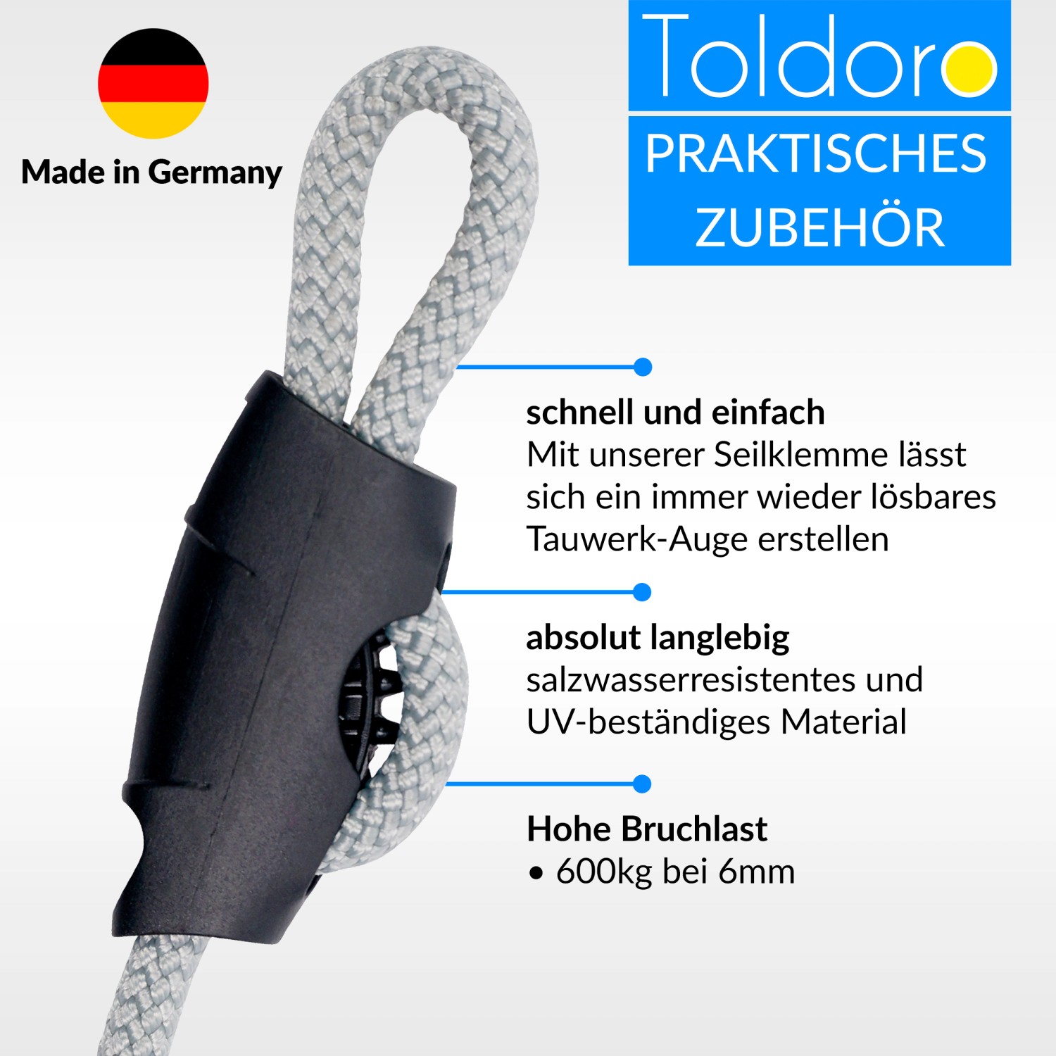 Graues Toldoro Tauwerk 6mm mit Seilklemme für Sonnensegel, Reißlast 800kg.