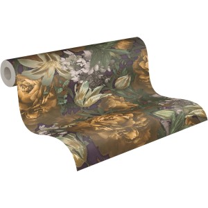 A.S. Création Vliestapete mit Blumenmuster in Bunt und Gelb auf einer Rolle.