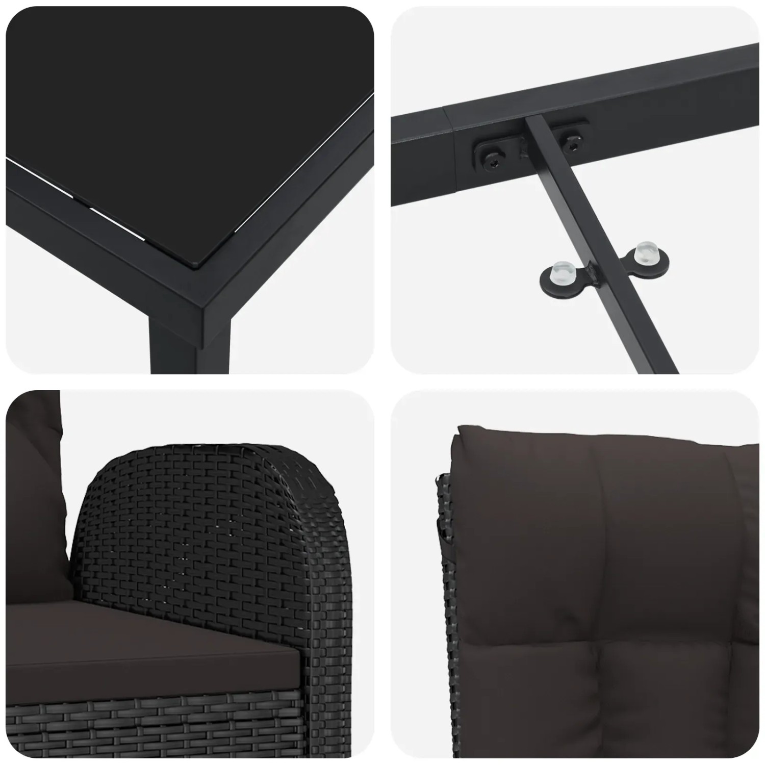 Detailansichten der schwarzen vidaXL Garten Essgruppe aus Polyrattan mit Tischplatte aus Glas und bequemen Kissen.