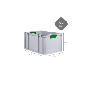 Graue Eurobox 60x40x32 cm mit grünen Griffen, Teil des PROREGAL Spar Sets. Aufbewahrungsbox mit Deckel.