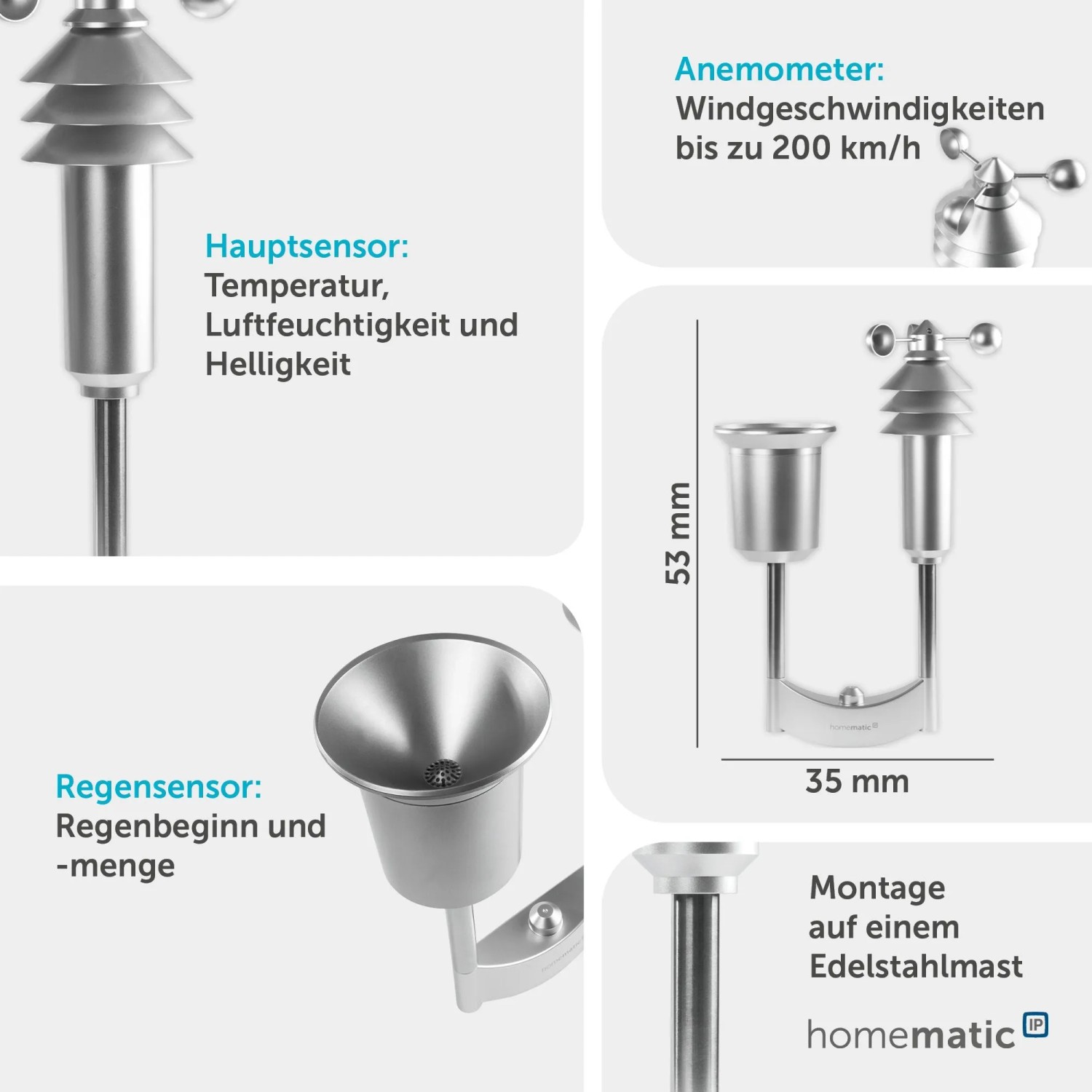 Homematic IP Wettersensor plus: Kompaktes, silbernes Gerät mit Hauptsensor, Anemometer und Regensensor. Für Hausautomation am Edelstahlmast.
