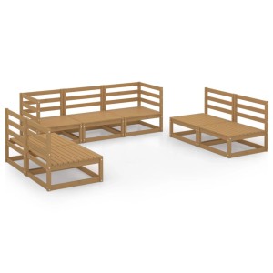 7-tlg. Gartenlounge-Set aus honigbraunem Kiefernholz, bestehend aus Sofas und Eckteilen.