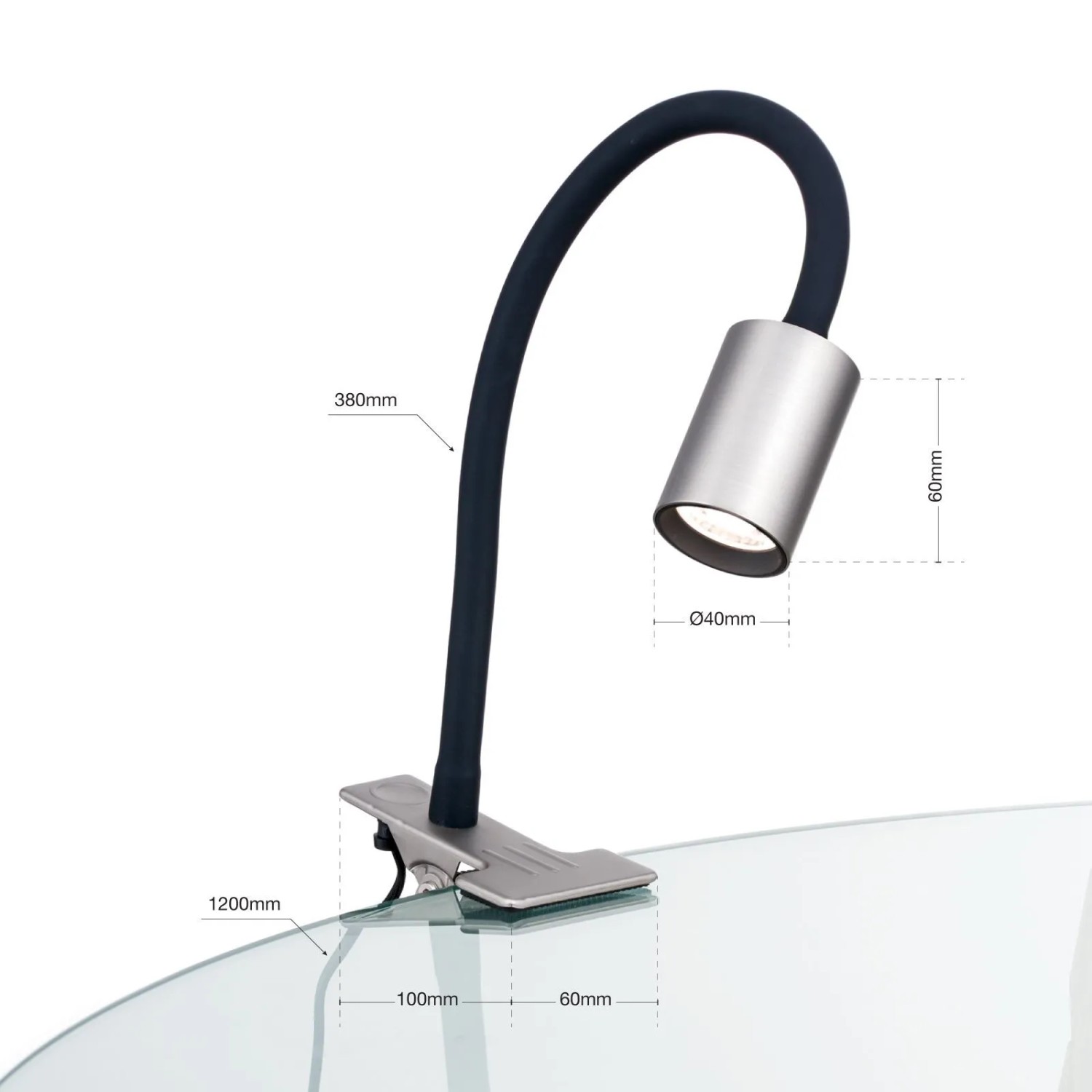 Silberne Orion LED Klemmleuchte mit flexiblem Schwanenhals für Schreibtisch oder Regal.