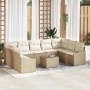 Beiges 10-tlg. vidaXL Garten-Sofa-Set aus Poly Rattan mit Tisch und Polstern für den Außenbereich.