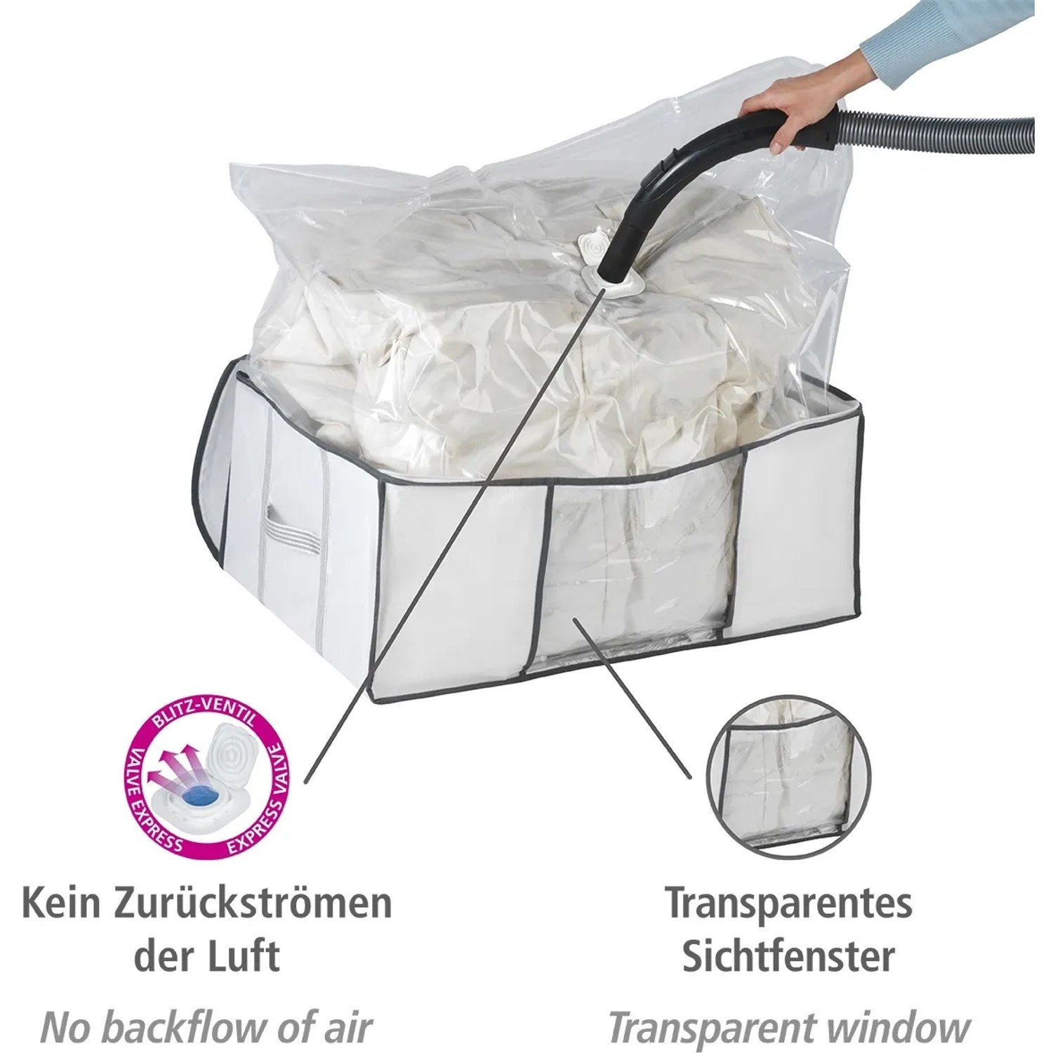 Wenko Vakuum Soft Box L: Weiße Textil-Aufbewahrungsbox mit Vakuumsack und Staubsauger zum Platz sparen.