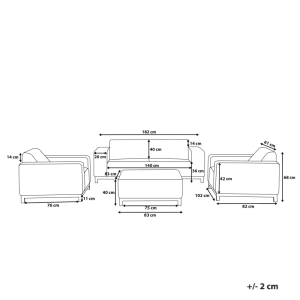 Technische Zeichnung des Beliani Lounge Sets ROVIGO Sandbeige. Detaillierte Maße von Sofa, 2 Sesseln und Ottomane für Gartenmöbel.