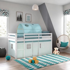 Homestyle4u Kinder Hochbett 90x200 mit Tunnel und Vorhang in Grün. Kinderbett aus Holz in Weiß und Grün.