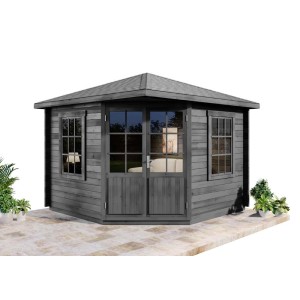 Graues Alpholz 5-Eck Gartenhaus Monica mit Doppeltür und Fenstern. Holz Gartenhaus.
