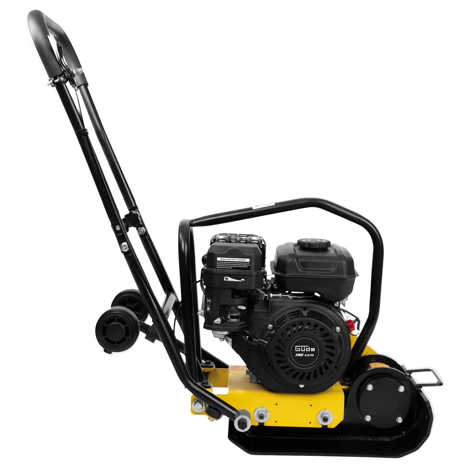 Güde Rüttelplatte GRP 50E, gelb/schwarz, mit Fahrwerk für Baumaschinen und Gartenbau.