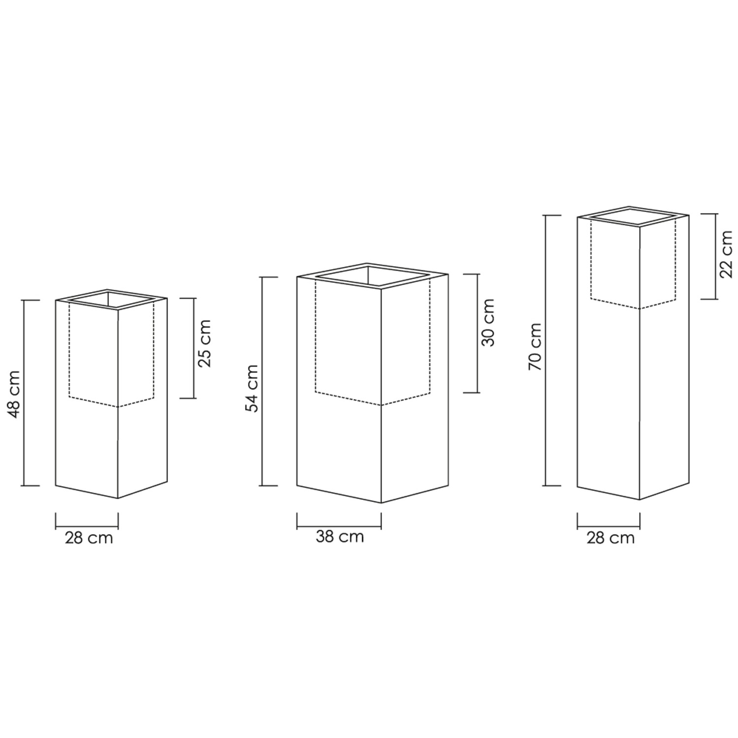 Skizze von drei Scheurich C-Cube Pflanzgefäßen in verschiedenen Größen.