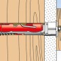 Illustration: Fischer Duotec Kippdübel 12, rot/silber, in Gipskartonwand mit Schraube.
