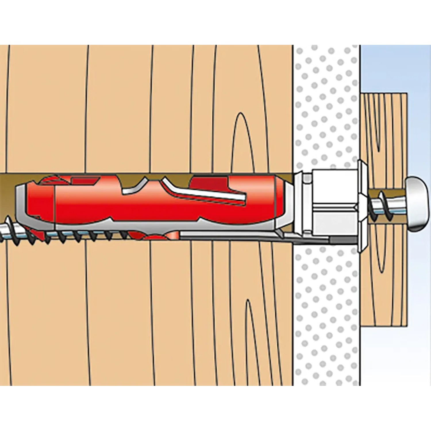 Illustration: Fischer Duotec Kippdübel 12, rot/silber, in Gipskartonwand mit Schraube.