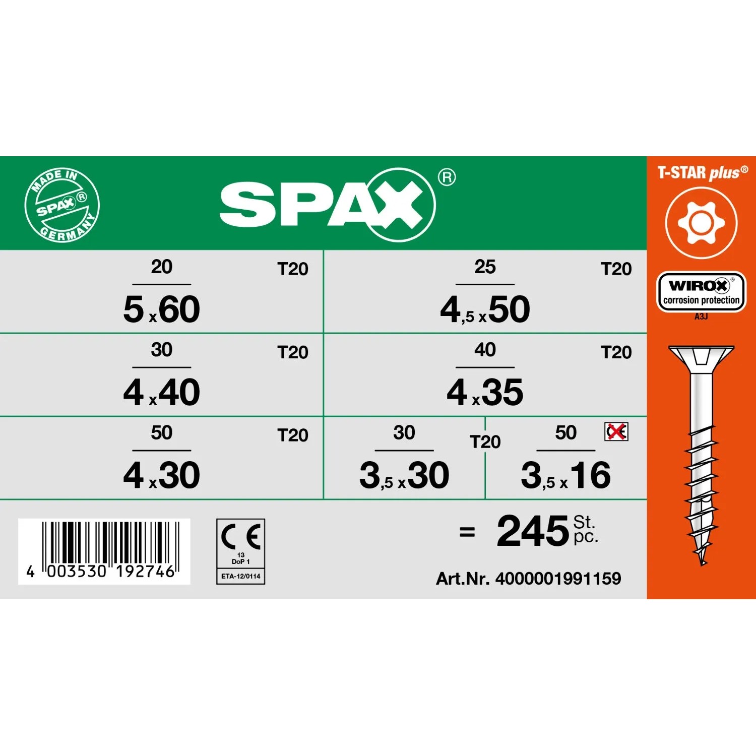 Spax Universalschrauben Senkkopf, T-Star plus Antrieb, 245 Stück, Wirox Stahl.
